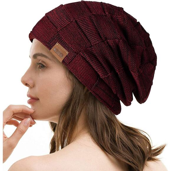 Redess Beanie Skull Cap Hat Unisex Fleece Lined Knit Slouchy Cozy Red Wine - Picture 1 of 12